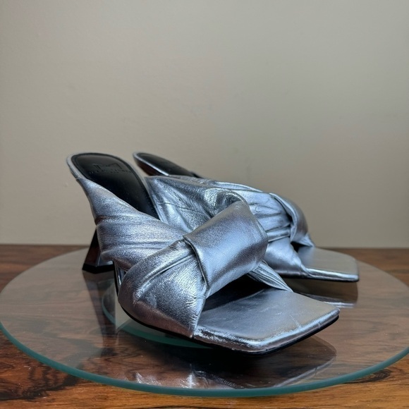 MARC FISHER Silver Knot Dellian Square Toe Slip On Leather Heeled Sandal - Picture 7 of 15